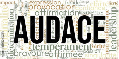 Nuage de mots en français autour du mot "audace". Thèmes de courage, ambition, créativité, force, confiance et originalité. Idéal pour visuels motivationnels, coaching, art ou branding