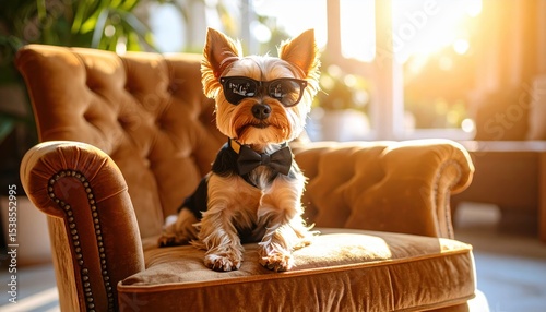 Small dog sitting on a chair wearing a mask