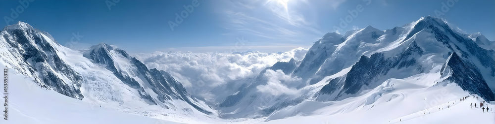 Obraz premium A breathtaking panoramic view of snow-capped mountains under a clear blue sky, showcasing nature's beauty.