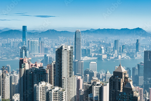 Photography Hong Kong -January 01, 2024: Modern business buildings with blue sky in Hong Kong, Asia