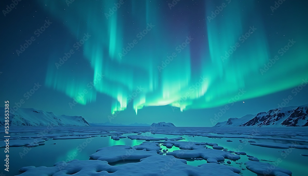 Naklejka premium Stunning Aurora Borealis Displaying Over a Snowy Landscape at Night