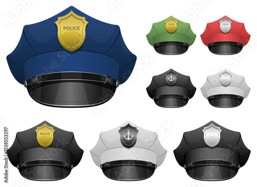Various service caps of law enforcement and naval officers in different colors.