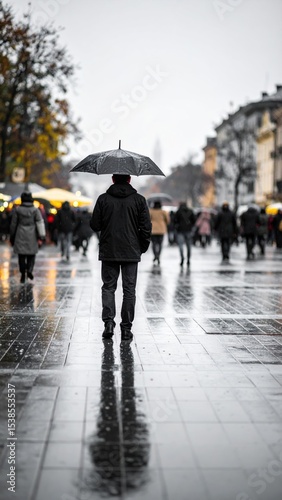 Man walking down the street with an umbrella
