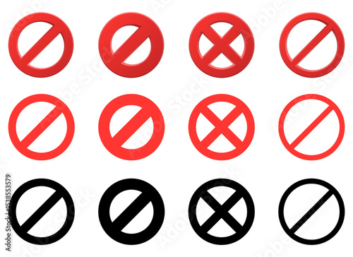 Twelve prohibition symbols in red and black indicating restrictions and denials
