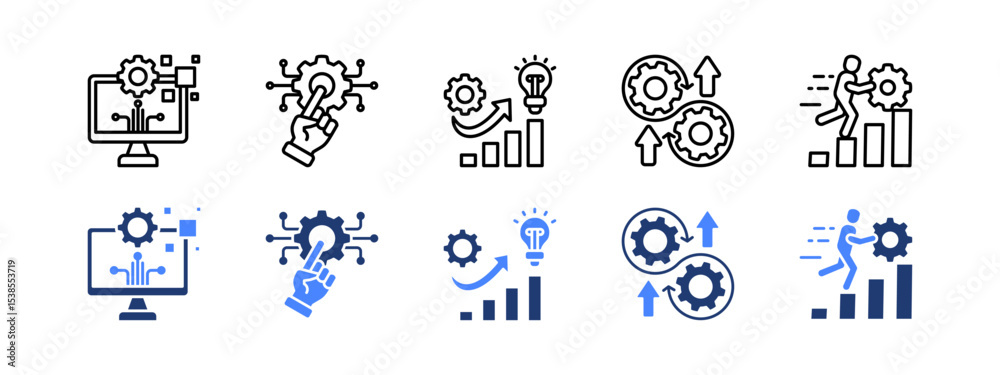Strategic evolution icon set with Digital transformation, Technology, Evolution, Continuous improvement, Resilience.