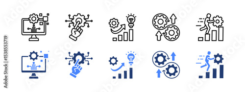 Strategic evolution icon set with Digital transformation, Technology, Evolution, Continuous improvement, Resilience.