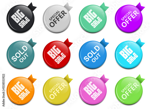 Colorful Badges Announcing Discounts and Promotions in an Organized Array