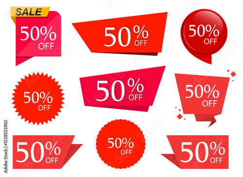 Various red promotional sale stickers with 50% off discounts. Isolated.
