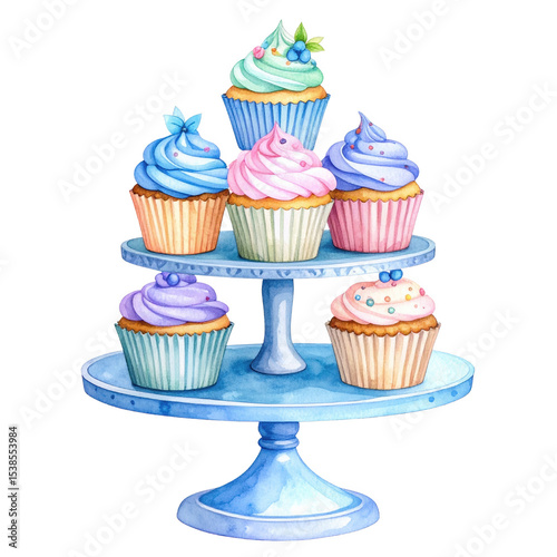 A tiered stand displays six colorful cupcakes with various frosting designs and decorations. cut out. transparent background