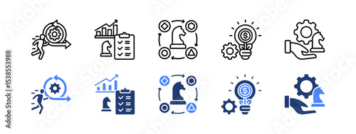 Strategic evolution icon set with Agility, Planning, Adaptation, Innovation, Strategic management.
