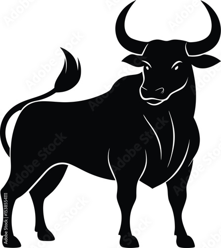 Curved horn bull silhouette with intense pose and minimal style