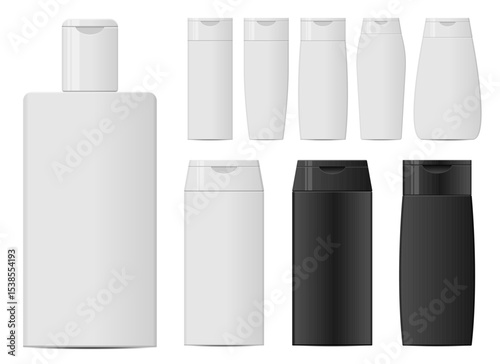 Selection of personal care product containers, various sizes and colors.