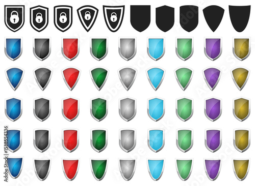 Variety of security shield icons with different colors and design elements.