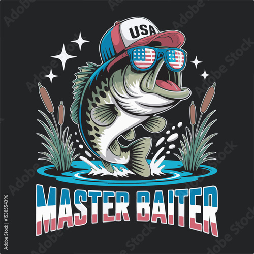 American Flag Bass Fish Wearing Sunglasses and Baseball Cap Jumping in Water Master Baiter Text Logo Design