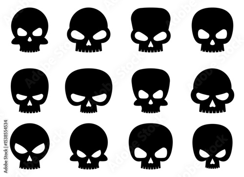 Collection of cartoonish skull icons, each having distinct facial features