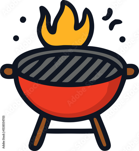 Red cartoon barbecue grill with flames, ideal for summer cookout invitations, picnic flyers, or BBQ restaurant menus and promotions.