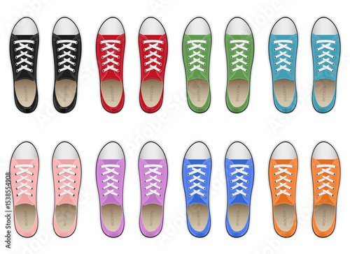 Colorful sneaker collection from above: stylish footwear variety on display.
