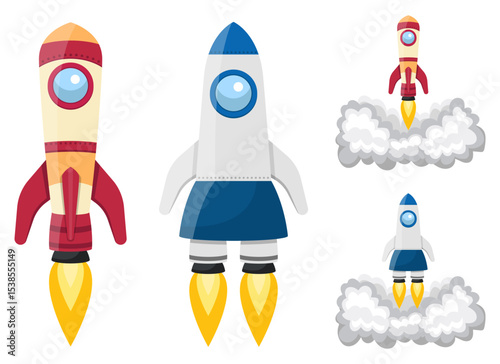 Cartoon Rockets Taking Off: Colorful spaceships launching with fiery trails.