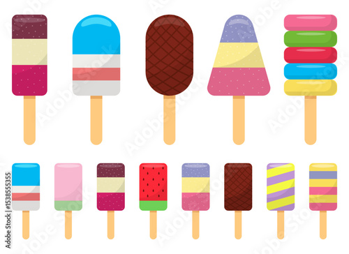 Collection of colorful assorted popsicles with various geometric patterns
