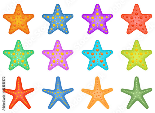 Collection of vibrantly colored starfish with unique designs and patterns.