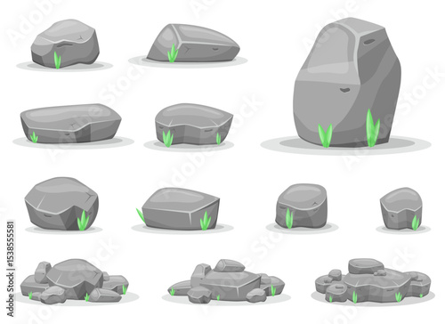Cartoon boulders and rocks in varying shapes and sizes with some grass tufts