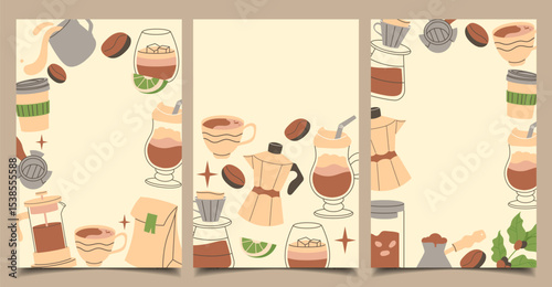 set of vertical coffee templates in a flat style. Design for postcards, banners, menus, covers