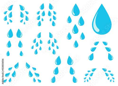 Water Droplets in various arrangements against a clean white background