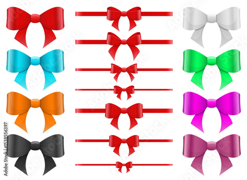 Collection of colorful decorative gift bows, isolated on white background.