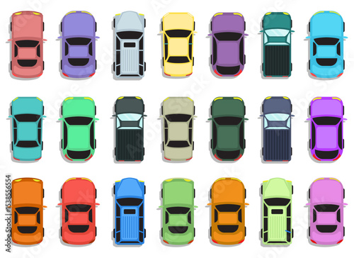 Aerial view of a colorful assortment of various vehicles in a flat design.