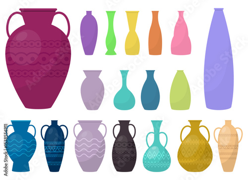 Collection of colorful decorative vases and pottery of various sizes and shapes.