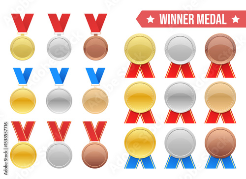 Collection of gold, silver and bronze winner medals on white background