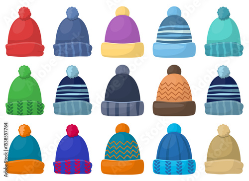 Collection of cartoon winter hats with pom-poms, various colors and styles.