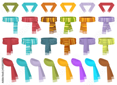 Collection of colorful warm scarves with fringes for autumn and winter.