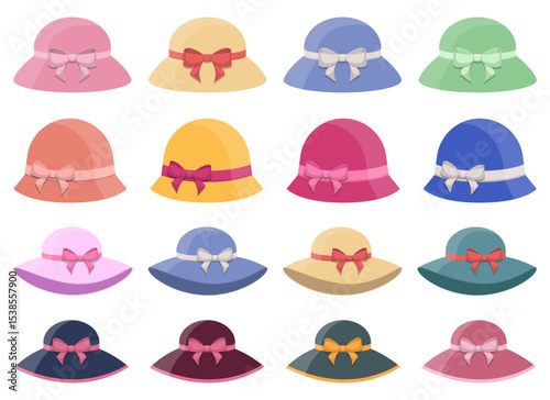 Colorful collection of hats with decorative bows for warm weather and fashion.