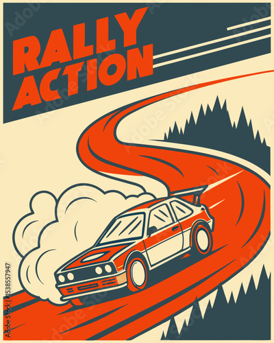 Rally action retro vintage style poster. This dynamic graphic is ideal for automotive projects.