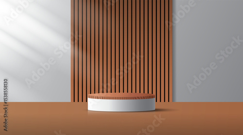 3D product Minimal display stand. White and wood geometric platform on grey background. Abstract geometric shapes in a simple design. Fashion stage mockup scene. Studio product display.