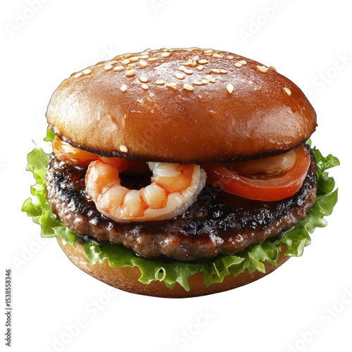 Shrimp burger, topped with tomatoes photo