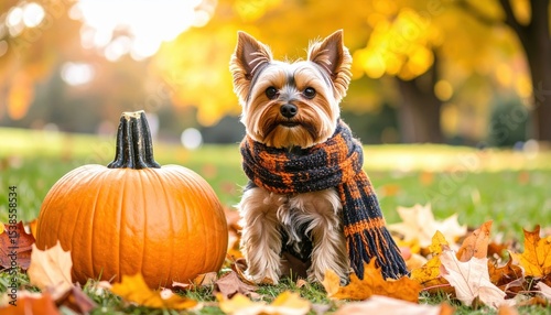 Small dog sitting next to a pumpkin on the grass
