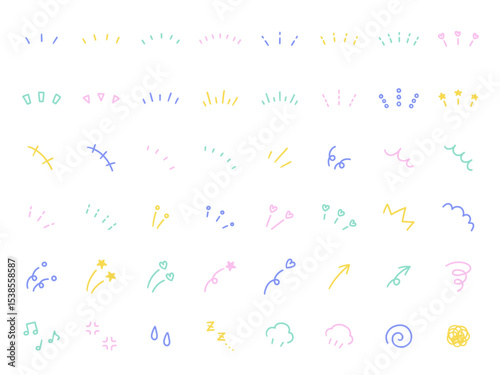 手書きの飾りイラストのベクターイラストセット。手描き、集中線、注目、矢印