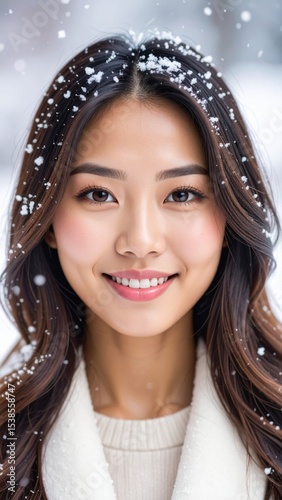 Asian woman with long hair and white sweater smiling in the snow