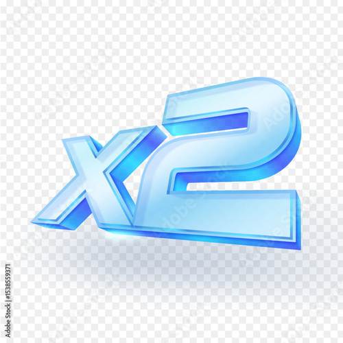 3D "X2" glass symbol icon, signifying a double multiplier, bonus, or increased value. Ideal for games, promotions, or special offers. Isolated on transparent background. Vector illustration.