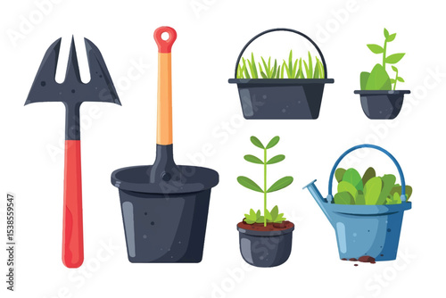 Gardening set with flowers and tools on white background illustration.