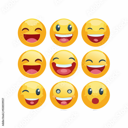 A vibrant set of yellow smiley face icons expressing various emotions like happiness, sadness, and anger