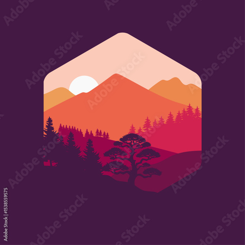 Minimalist vector illustration of a mountain landscape during sunset, featuring layered silhouettes of pine trees, hills, and a large bonsai-style tree in the foreground. Warm gradient tones of orange