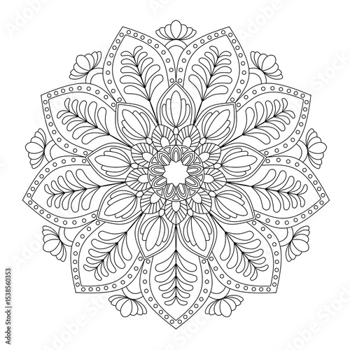 Intricate Mandala Coloring Page - Beautiful Mandala Design for Adults - Detailed Mandala Art Pattern with Floral Elements for Stress Relief and Meditation Practice