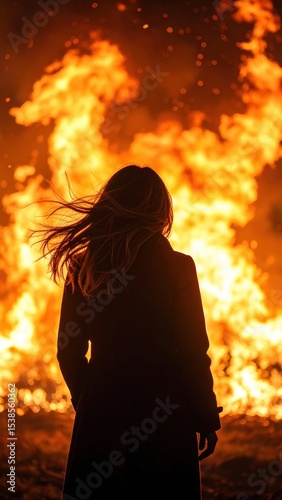 Woman standing in front of a fire with her hair blowing in the wind