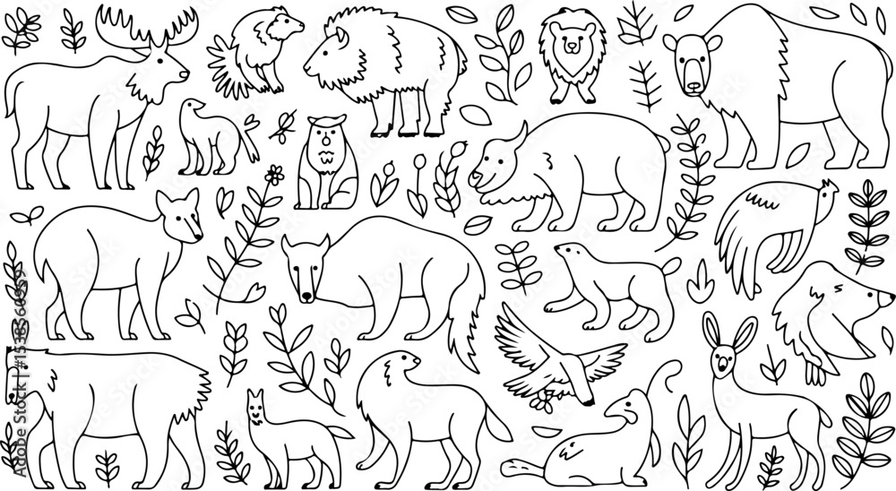 Obraz premium Black and White Line Art Animal Illustrations Featuring Moose Bison Bear Wolf and Other Wildlife with Simple Floral