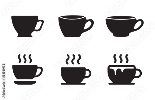 Set of Coffee Cup Icons – Black and White Silhouette and Outline Hot Beverage Mug Symbols with Steam