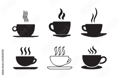 Hot Coffee Cup Icon Set – Black and White Silhouettes with Steam and Beverage Designs for Cafes and Menus