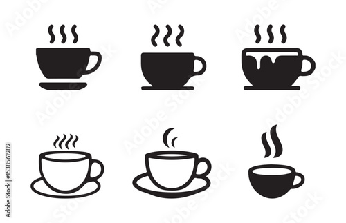 Hot Coffee Cup Icon Set – Black and White Silhouettes with Steam and Beverage Designs for Cafes and Menus